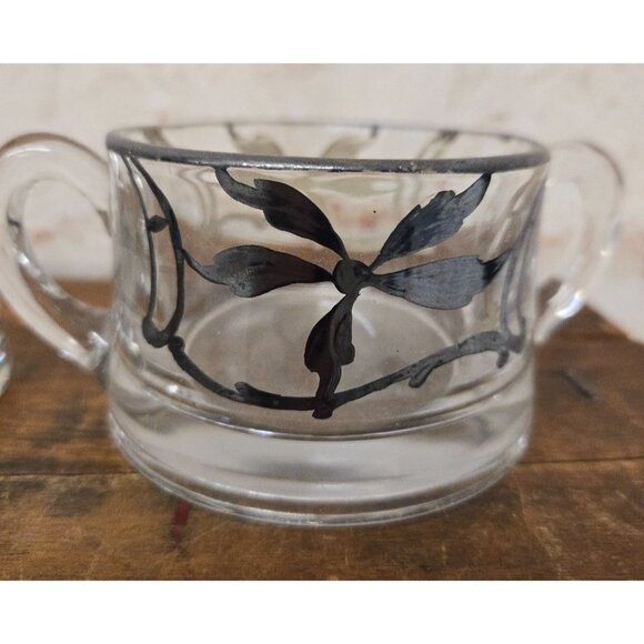 Antique Creamer & Sugar Set Clear Glass with Silver Overlay - Picture 3 of 9